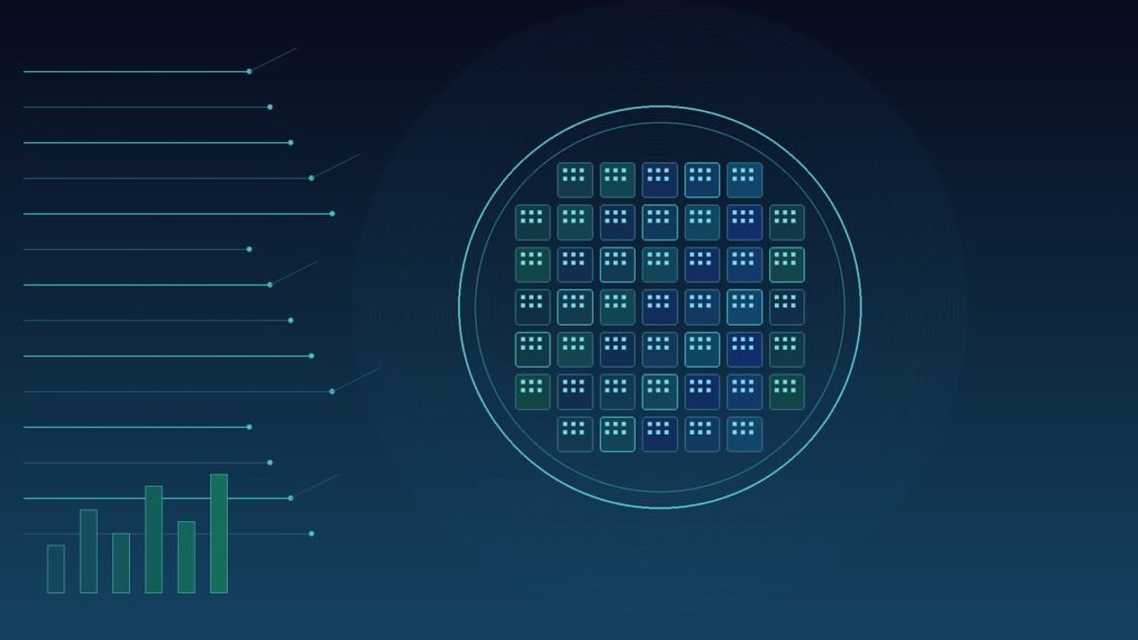 Euclyd capta: ilustração abstrata de wafer e trilhas de chip em tons azul-teal sobre fundo escuro, sugerindo silício de inferência de IA