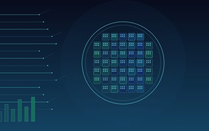 Euclyd capta: ilustração abstrata de wafer e trilhas de chip em tons azul-teal sobre fundo escuro, sugerindo silício de inferência de IA