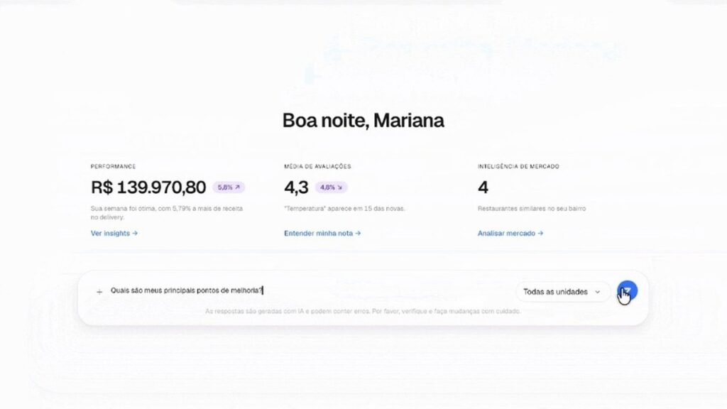 iFood lança Toqan: tela do assistente de IA com cards de Performance, avaliações e inteligência de mercado