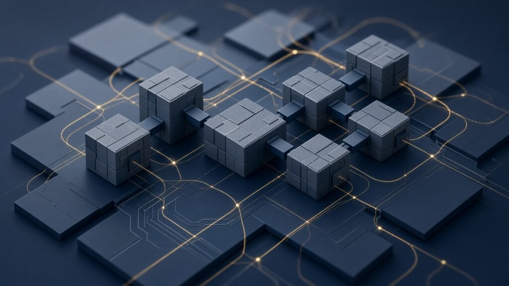 Ilustração abstrata de construção e rede tecnológica para fundo proptech