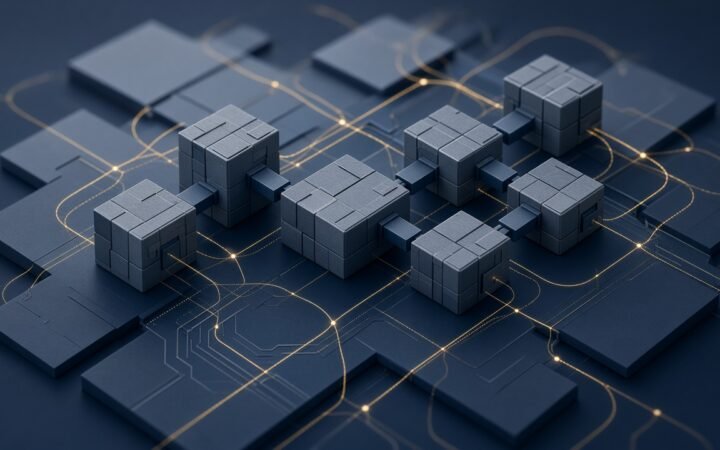 Ilustração abstrata de construção e rede tecnológica para fundo proptech
