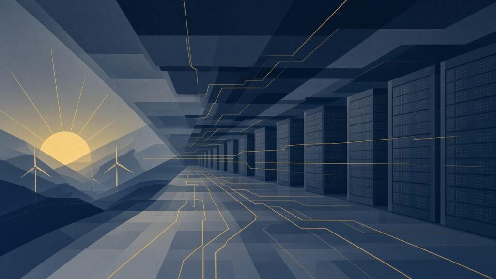 Senado aprova Redata: ilustração de data center e energia renovável para inteligência artificial