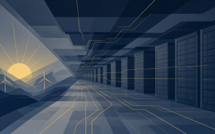 Senado aprova Redata: ilustração de data center e energia renovável para inteligência artificial