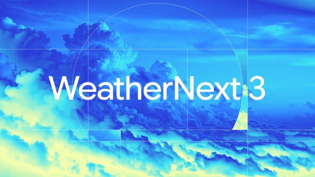 WeatherNext 3: ilustração de previsão global por IA com grade fina e satélite