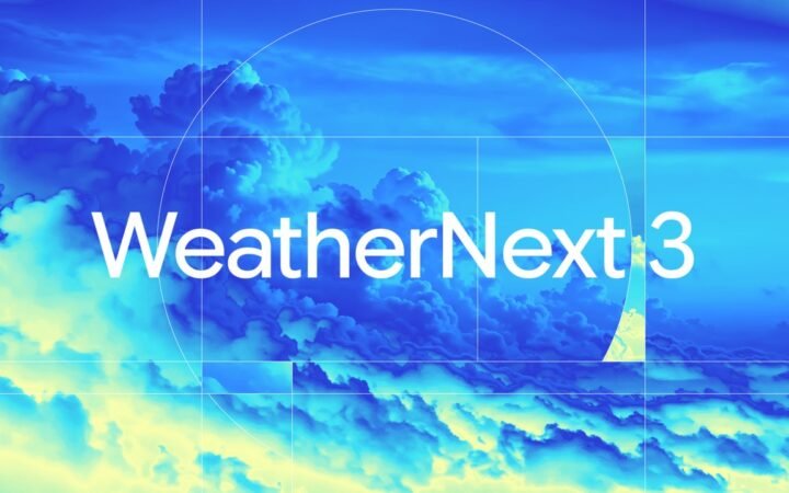WeatherNext 3: ilustração de previsão global por IA com grade fina e satélite