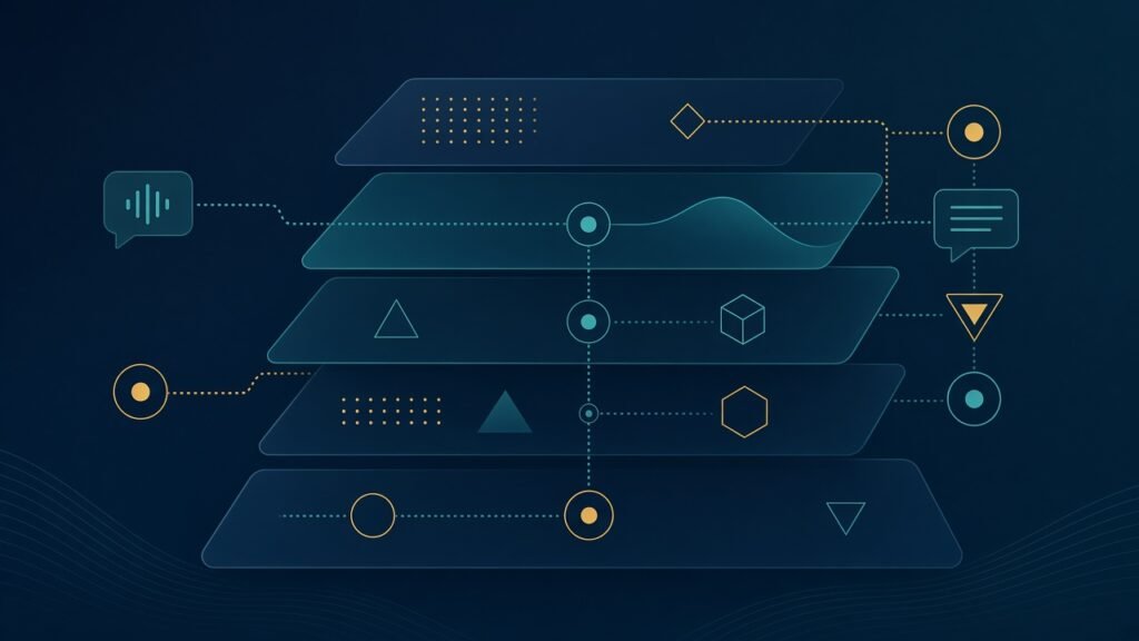 Ilustração abstrata de AI OS e agentes em rede