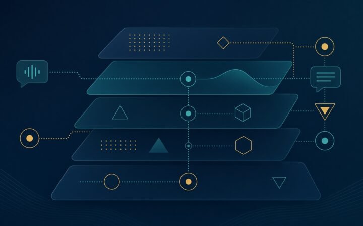 Ilustração abstrata de AI OS e agentes em rede