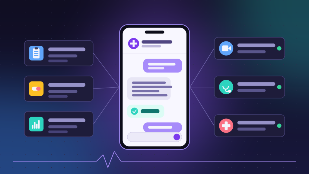 Alice IA plano de saúde: ilustração de celular com assistente de IA que reúne prontuário, exames e medicamentos e encaminha o paciente para telemedicina, especialista ou hospital