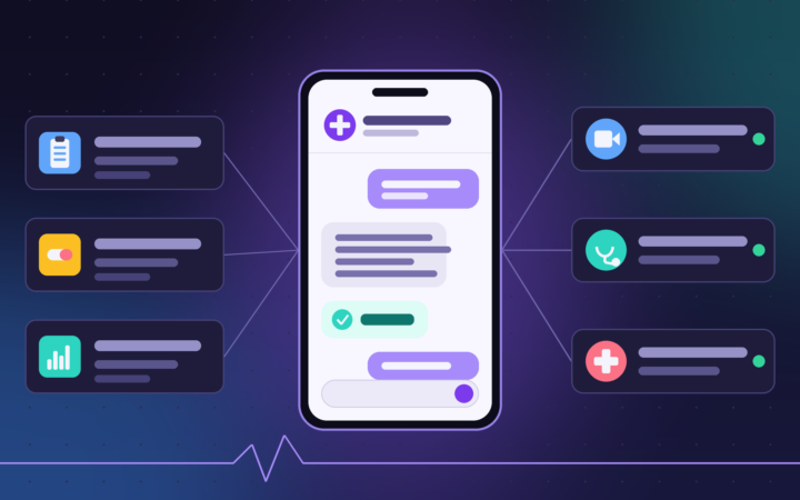Alice IA plano de saúde: ilustração de celular com assistente de IA que reúne prontuário, exames e medicamentos e encaminha o paciente para telemedicina, especialista ou hospital