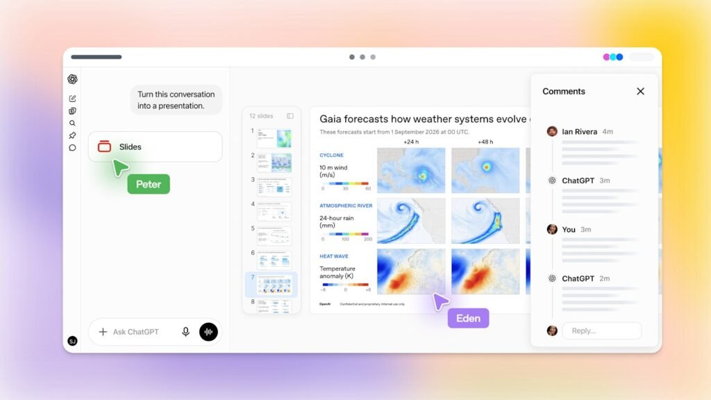 ChatGPT Slides: arte oficial da OpenAI com o editor de apresentações, miniaturas de slides sobre previsão do tempo, cursores de colaboradores e painel de comentários