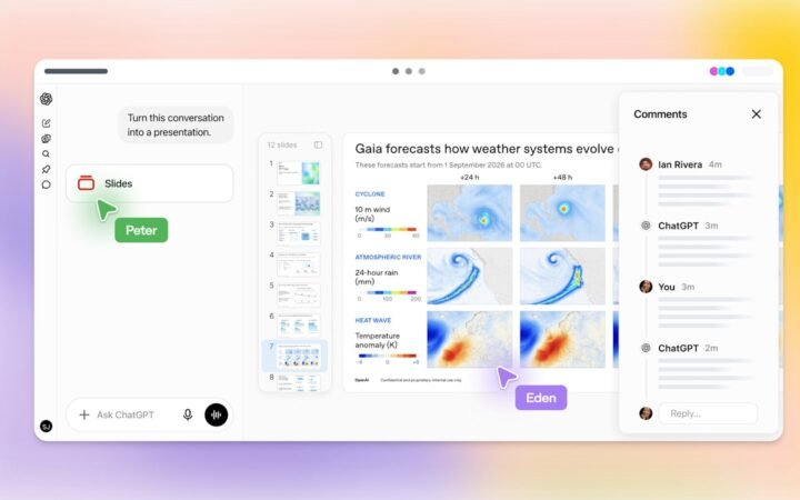 ChatGPT Slides: arte oficial da OpenAI com o editor de apresentações, miniaturas de slides sobre previsão do tempo, cursores de colaboradores e painel de comentários