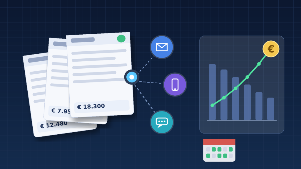 Cleavr capta € 8 milhões: ilustração de faturas, canais de cobrança por e-mail, telefone e SMS e gráfico de caixa