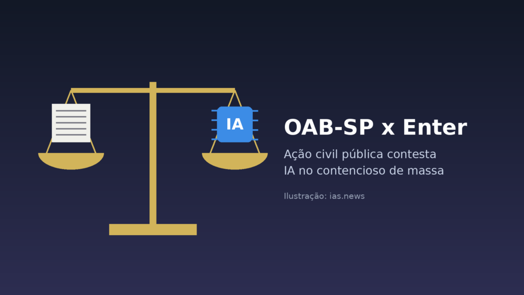 Enter OAB-SP: ilustração de balança da Justiça com documento jurídico de um lado e chip de IA do outro