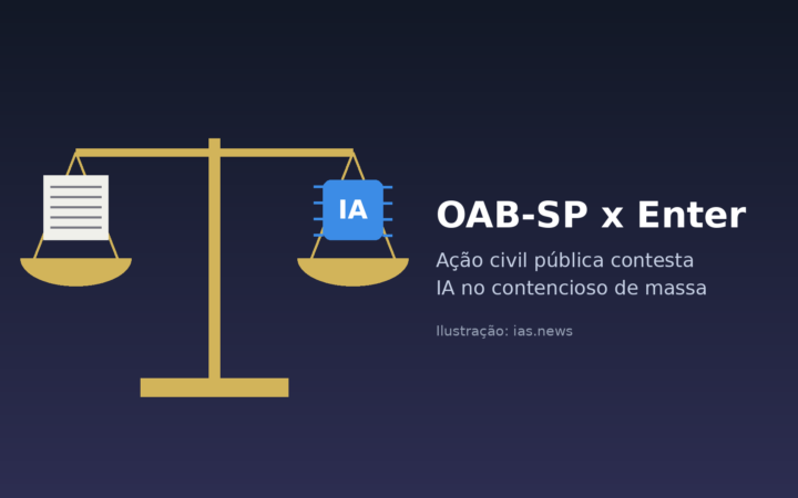 Enter OAB-SP: ilustração de balança da Justiça com documento jurídico de um lado e chip de IA do outro