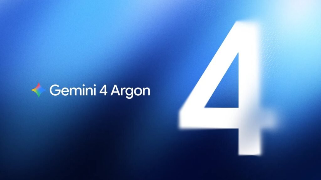 Gemini 4 Argon: arte oficial do Google com o nome do modelo e um grande número 4 sobre fundo azul