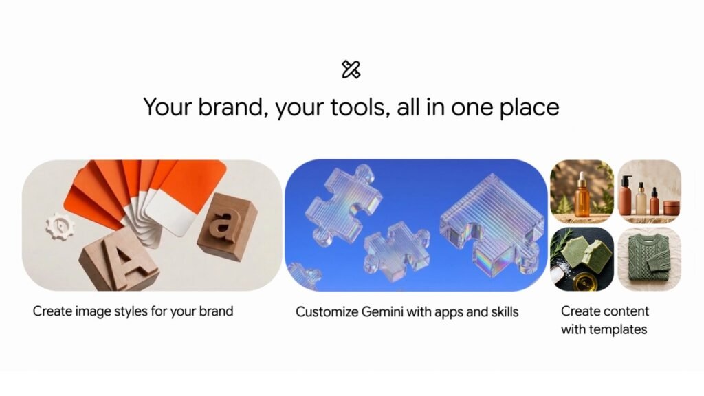 Arte oficial do Google para a página de negócios do Gemini, com amostras de cores e tipos para estilo de marca, peças de quebra-cabeça e modelos de conteúdo