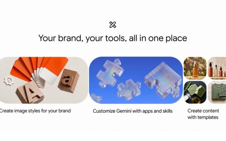 Arte oficial do Google para a página de negócios do Gemini, com amostras de cores e tipos para estilo de marca, peças de quebra-cabeça e modelos de conteúdo
