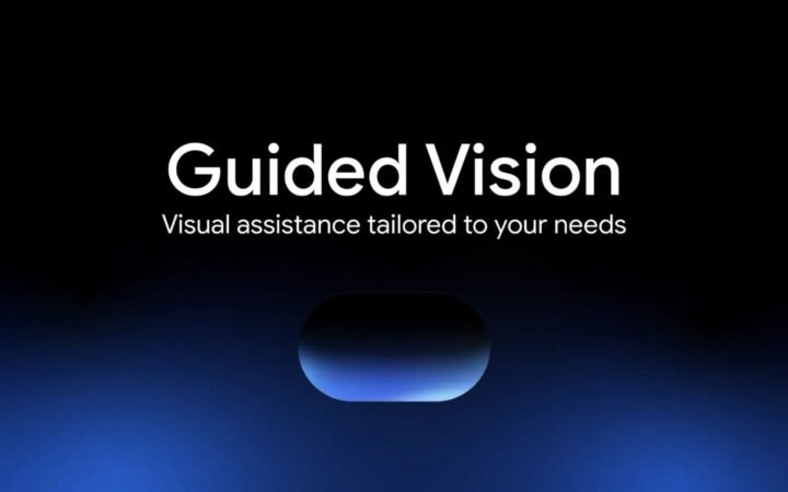 Guided Vision: arte oficial do Google com o nome do recurso e a frase Visual assistance tailored to your needs sobre fundo preto e azul