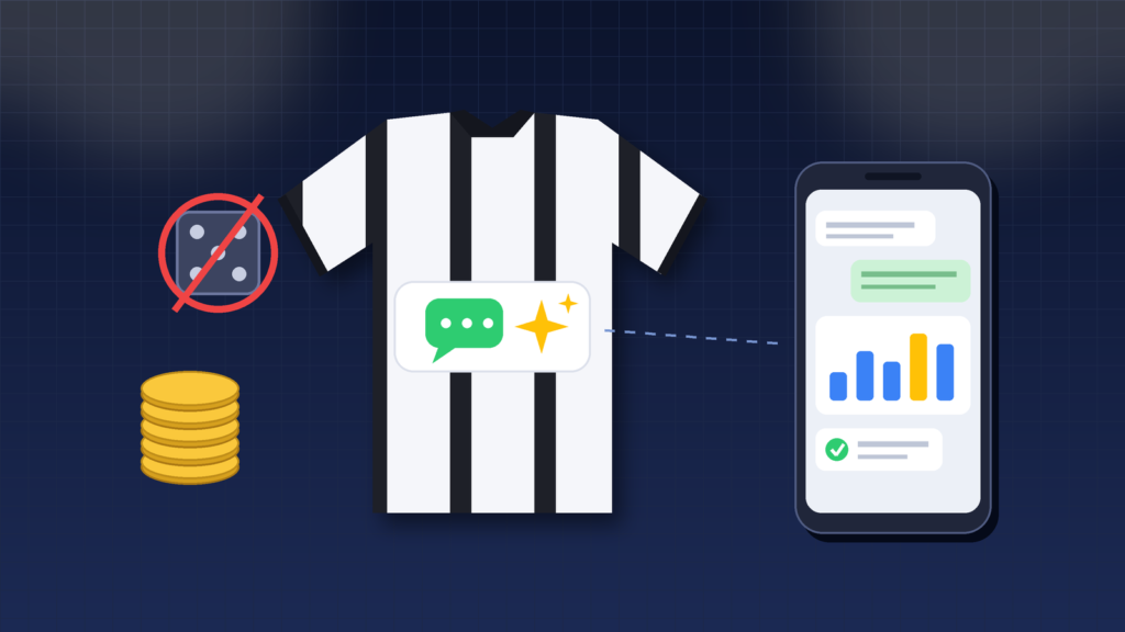 Jota.ai Corinthians: ilustração de camisa alvinegra com balão de conversa de IA no peito, celular com finanças e dado de apostas riscado