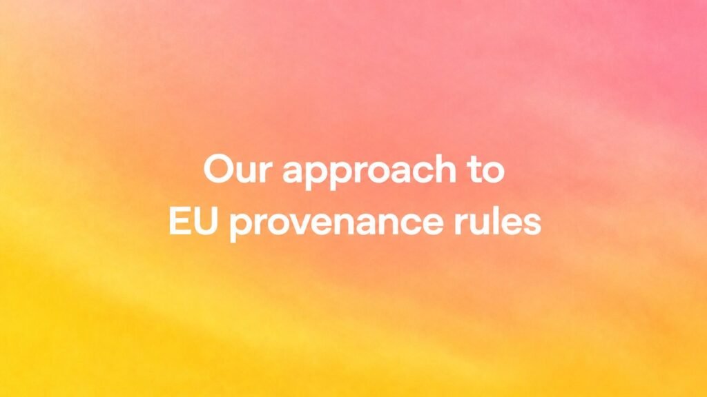 Marca d'água do ChatGPT: arte oficial da OpenAI com a frase Our approach to EU provenance rules sobre fundo degradê amarelo, laranja e rosa