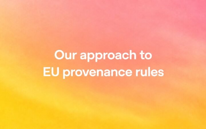 Marca d'água do ChatGPT: arte oficial da OpenAI com a frase Our approach to EU provenance rules sobre fundo degradê amarelo, laranja e rosa
