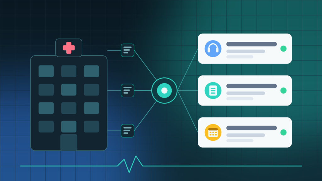 Matria agentes de IA: ilustração de hospital conectado a uma central de dados que alimenta agentes de call center, documentação clínica e agendamento