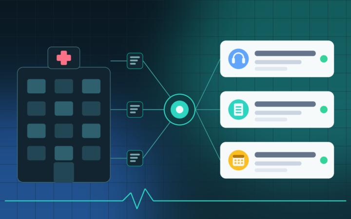 Matria agentes de IA: ilustração de hospital conectado a uma central de dados que alimenta agentes de call center, documentação clínica e agendamento