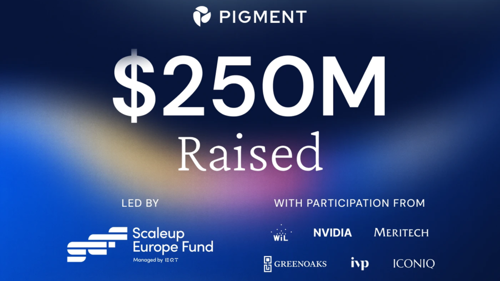 Pigment capta US$ 250 milhões em Série E liderada pelo Scaleup Europe Fund, arte oficial do anúncio com logos dos investidores