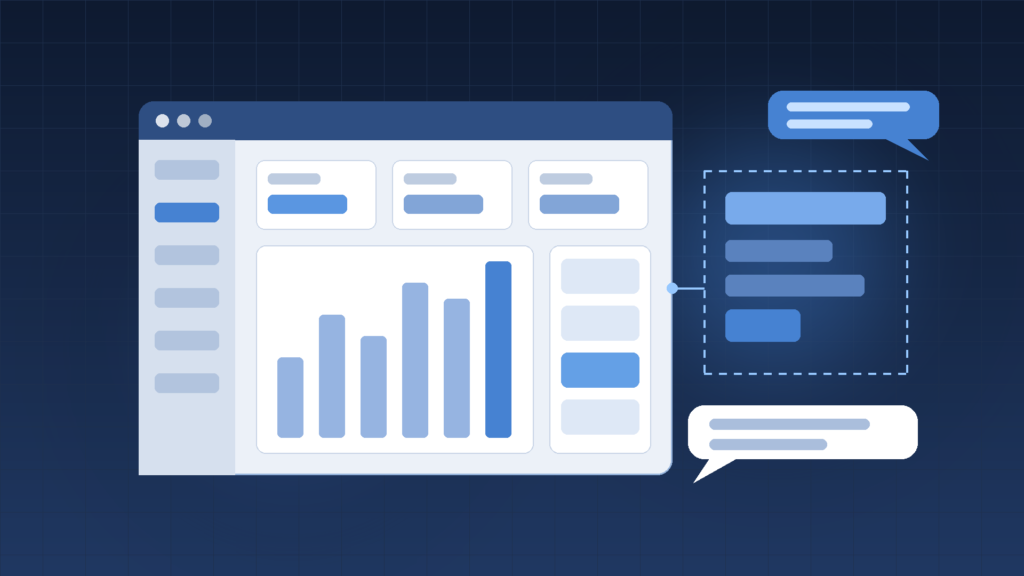 Ploomes Estúdio IA: ilustração de tela de CRM com painéis e gráfico, uma nova tela sendo montada e balões de chat de IA