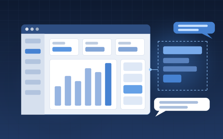Ploomes Estúdio IA: ilustração de tela de CRM com painéis e gráfico, uma nova tela sendo montada e balões de chat de IA