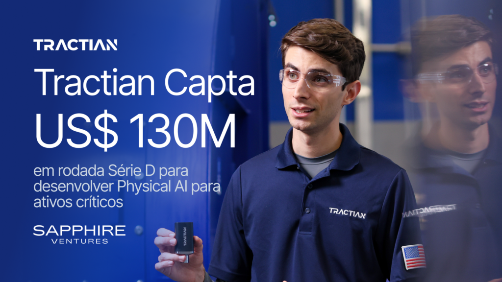 Arte de divulgação em que a Tractian capta US$ 130 milhões em Série D, com homem de uniforme segurando um sensor da empresa