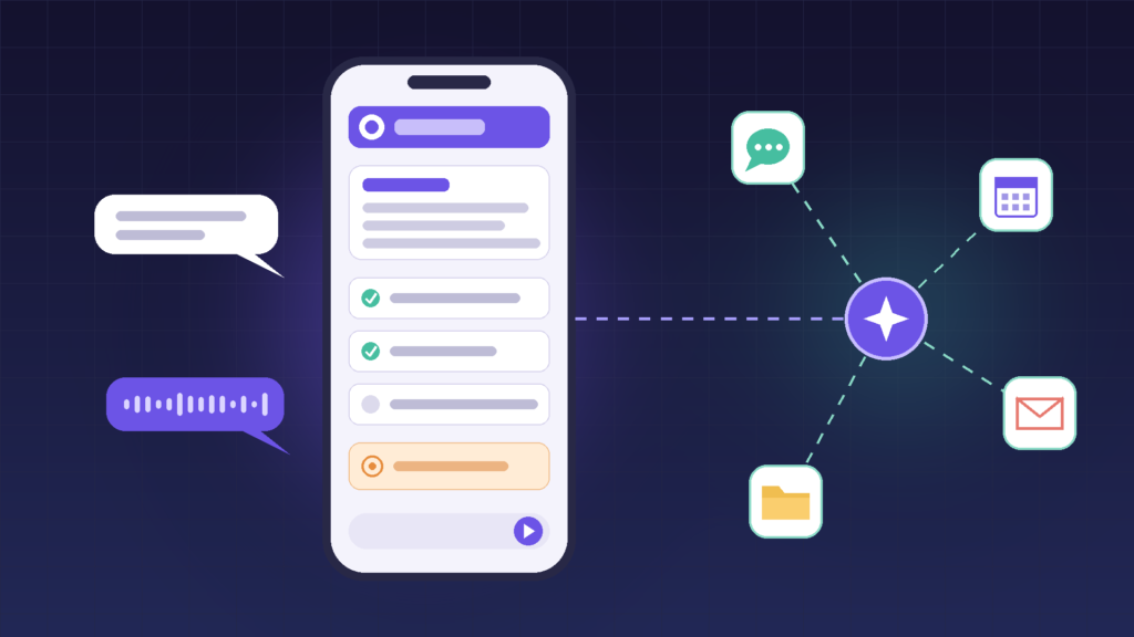 Zapia aplicativo próprio: ilustração de celular com assistente de IA, lista de tarefas e conectores para mensagens, agenda, e-mail e arquivos