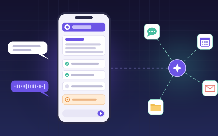 Zapia aplicativo próprio: ilustração de celular com assistente de IA, lista de tarefas e conectores para mensagens, agenda, e-mail e arquivos